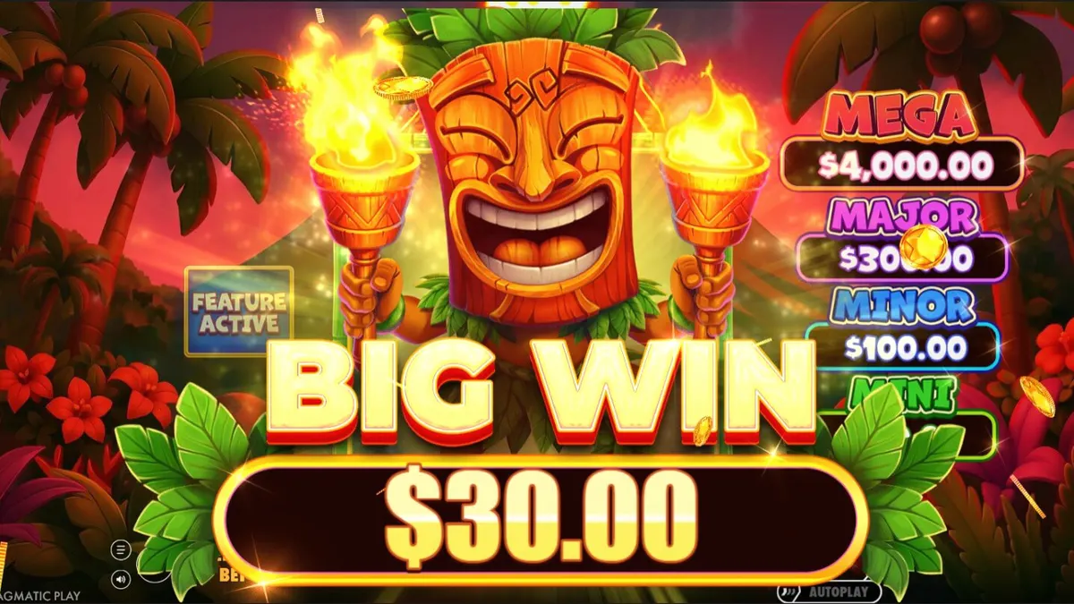 Interface do slot Super Tiki Strike com tema tropical e vulcão ao fundo