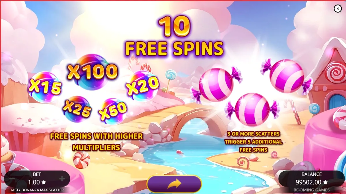 Interface colorida e doce do jogo Tasty Bonanza Max Scatter