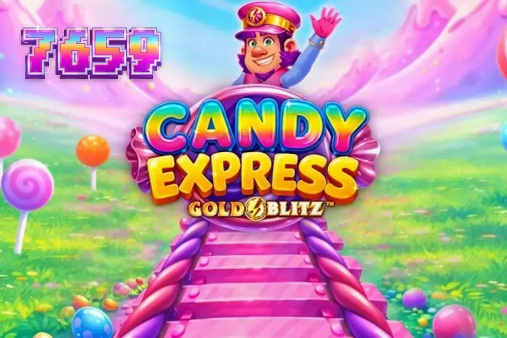Interface vibrante e colorida do jogo Candy Express Gold Blitz com elementos de doces e locomotiva